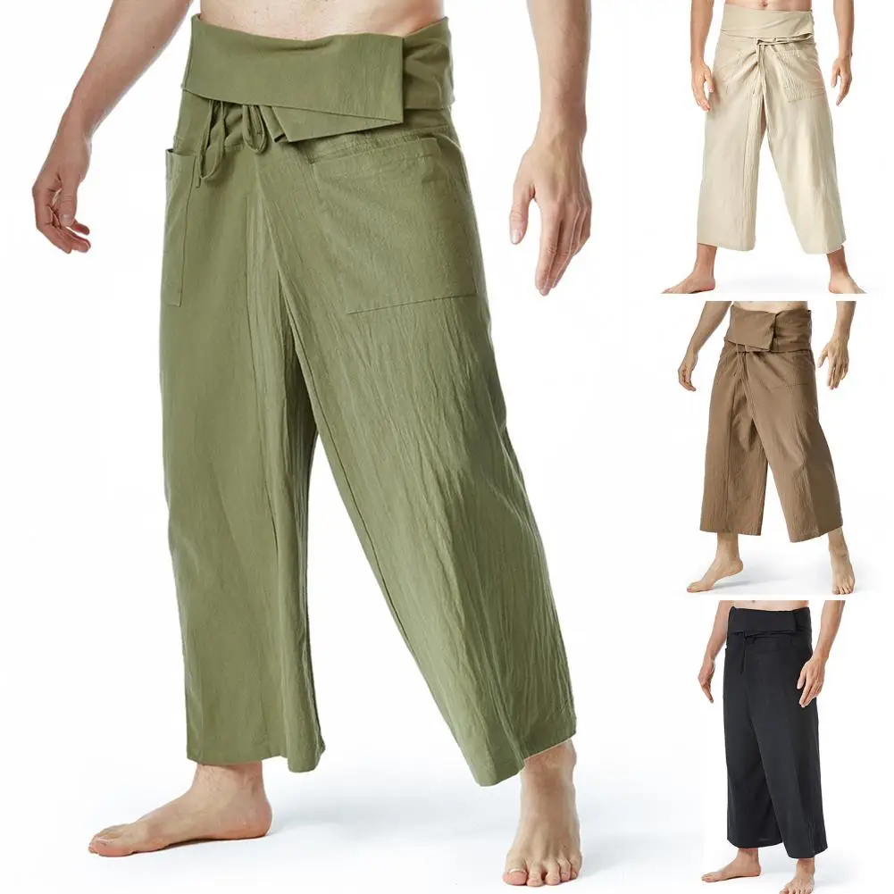 Flax Thai Fisherman Pants Loose Men Harem Trousers Solid Color Drawstring Wide Legs Martial Arts Trousers Casual Pirate Pants