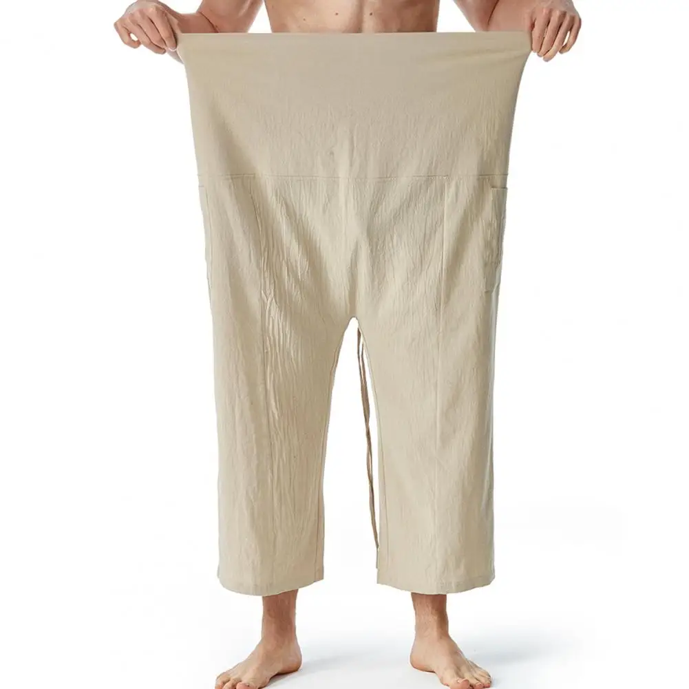Flax Thai Fisherman Pants Loose Men Harem Trousers Solid Color Drawstring Wide Legs Martial Arts Trousers Casual Pirate Pants