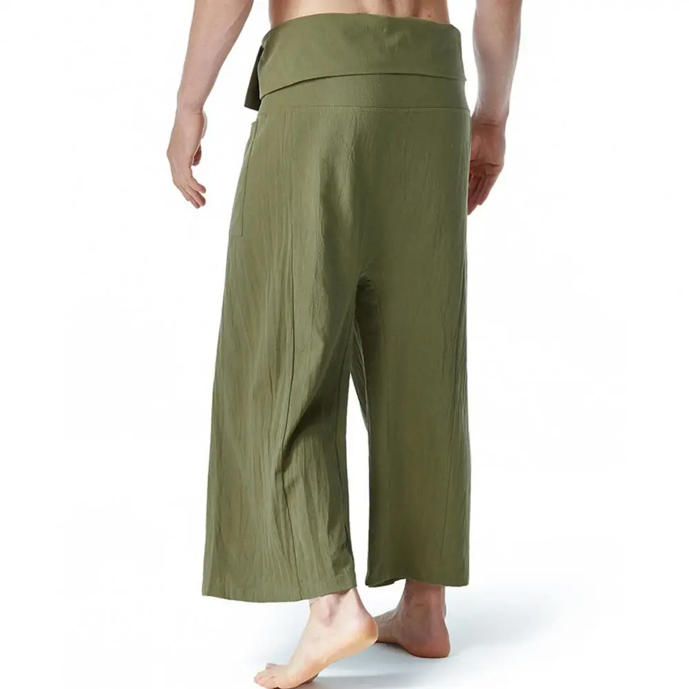 Flax Thai Fisherman Pants Loose Men Harem Trousers Solid Color Drawstring Wide Legs Martial Arts Trousers Casual Pirate Pants