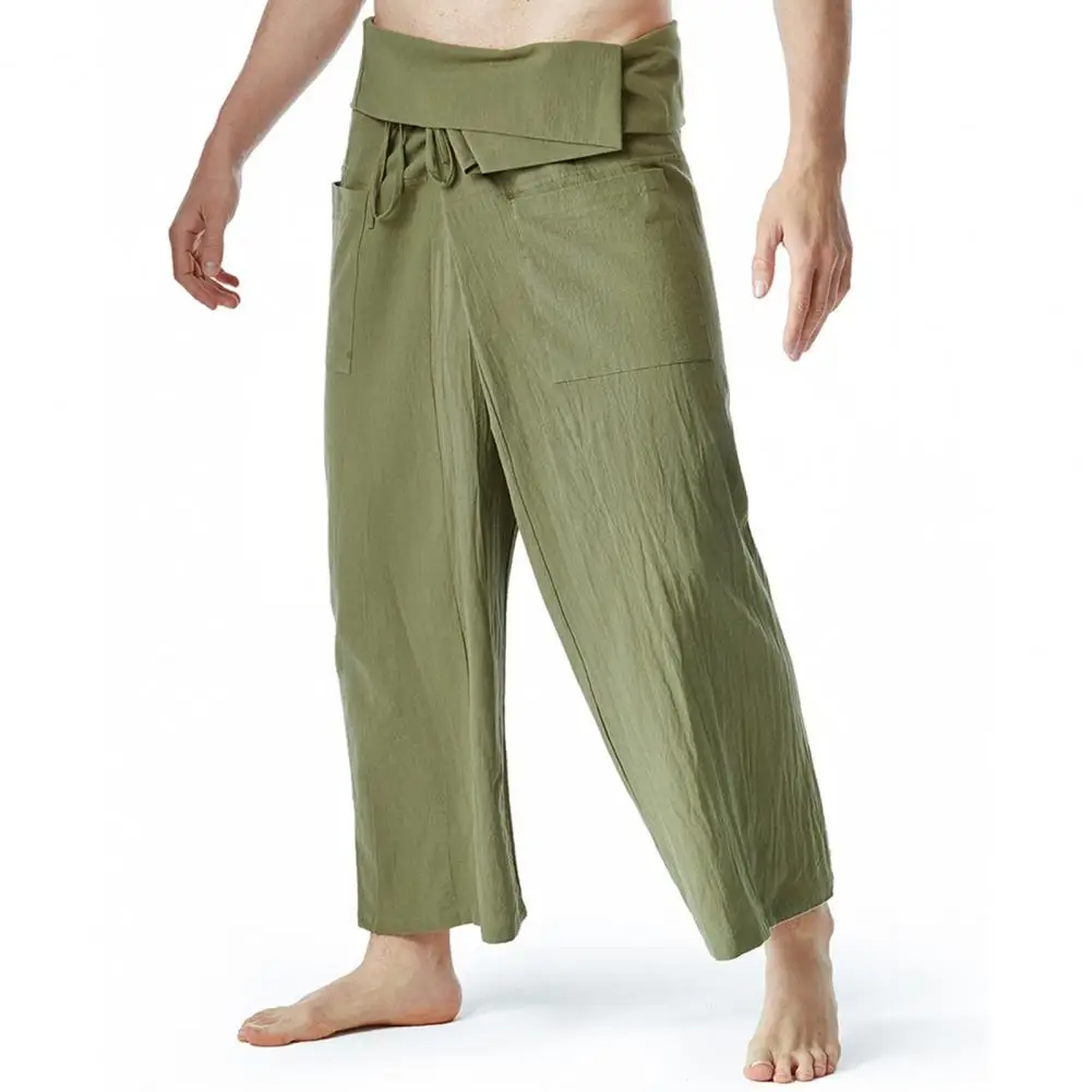 Flax Thai Fisherman Pants Loose Men Harem Trousers Solid Color Drawstring Wide Legs Martial Arts Trousers Casual Pirate Pants