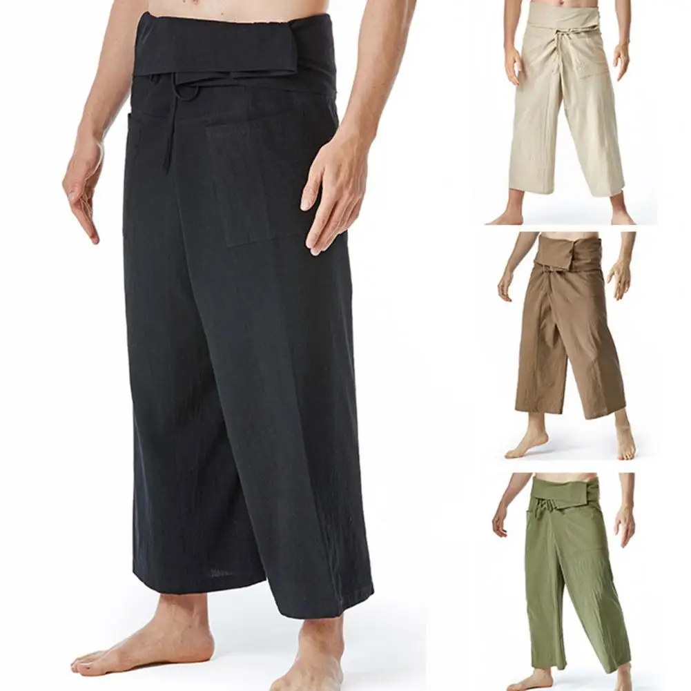 Flax Thai Fisherman Pants Loose Men Harem Trousers Solid Color Drawstring Wide Legs Martial Arts Trousers Casual Pirate Pants