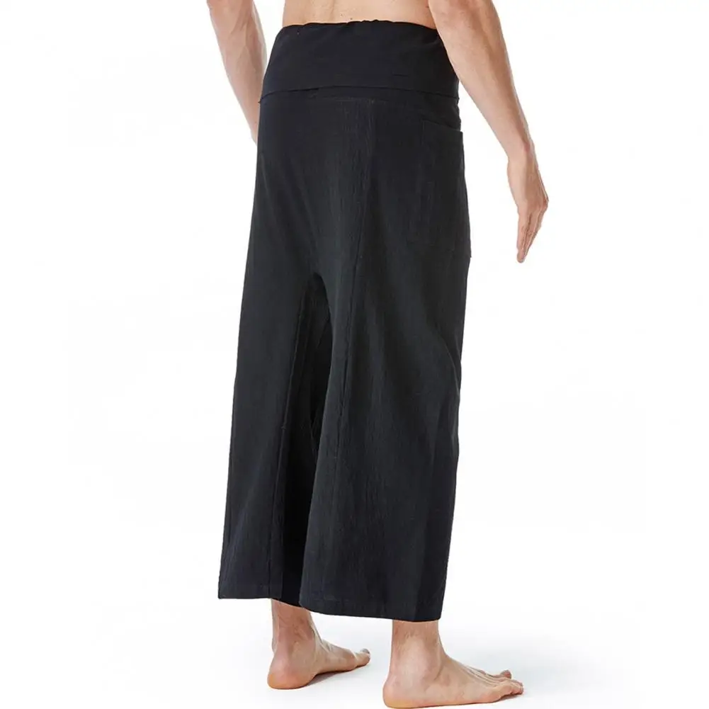 Flax Thai Fisherman Pants Loose Men Harem Trousers Solid Color Drawstring Wide Legs Martial Arts Trousers Casual Pirate Pants