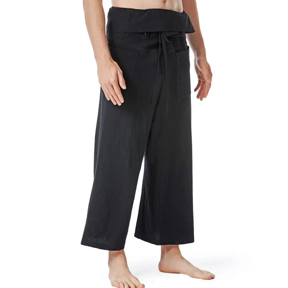 Flax Thai Fisherman Pants Loose Men Harem Trousers Solid Color Drawstring Wide Legs Martial Arts Trousers Casual Pirate Pants