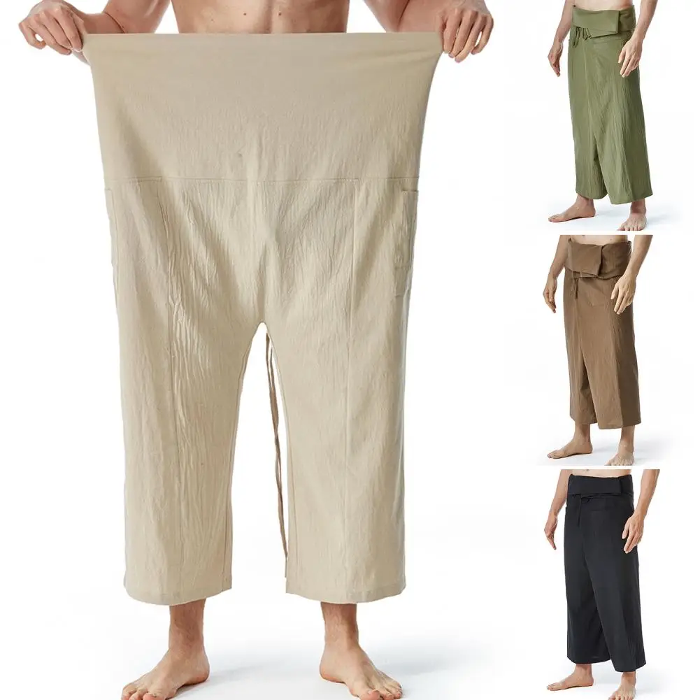 Flax Thai Fisherman Pants Loose Men Harem Trousers Solid Color Drawstring Wide Legs Martial Arts Trousers Casual Pirate Pants