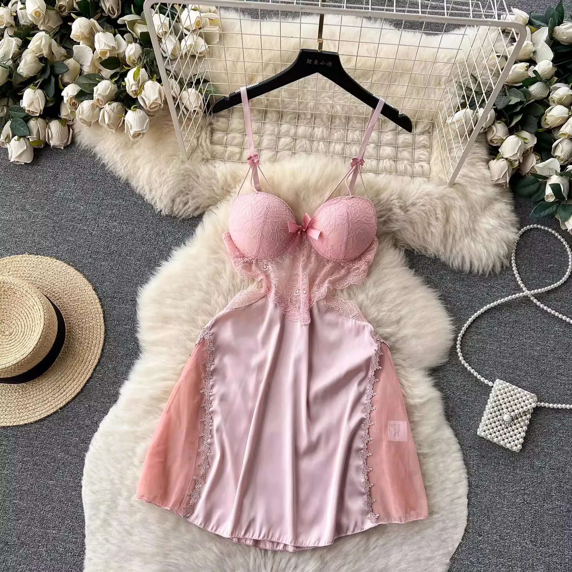 CHILLGIO Women Sexy Lace Floral Spaghetti Strap Sundress Fashion Backless A Line Summer Transparent Hollow Mesh Pajamas Dress
