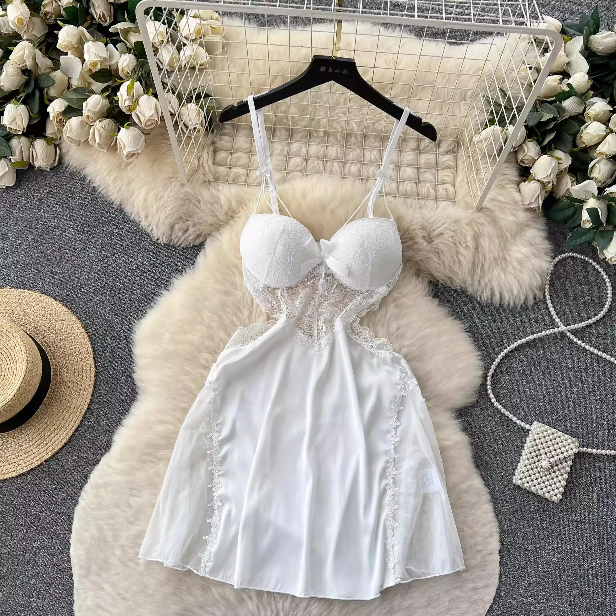 CHILLGIO Women Sexy Lace Floral Spaghetti Strap Sundress Fashion Backless A Line Summer Transparent Hollow Mesh Pajamas Dress