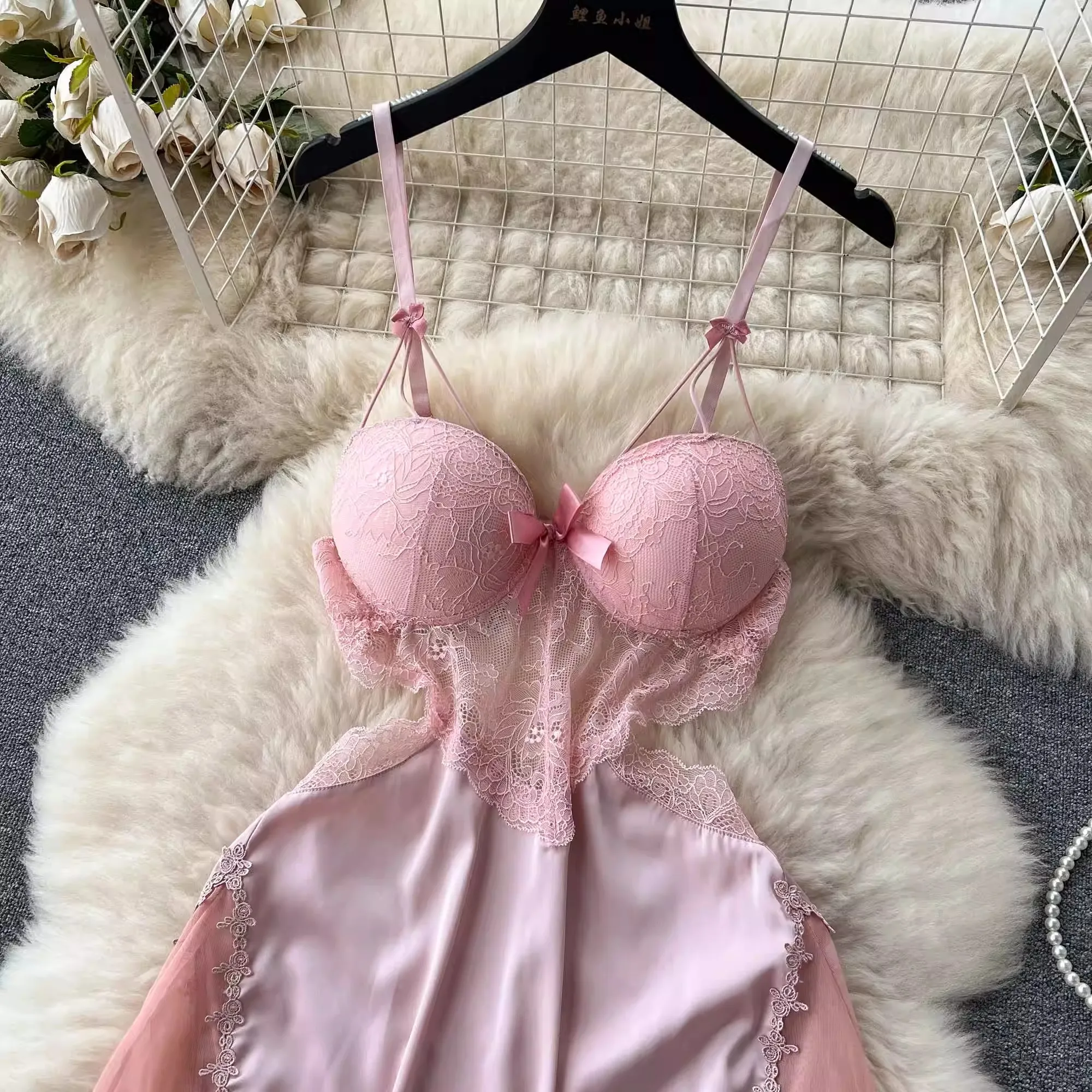 CHILLGIO Women Sexy Lace Floral Spaghetti Strap Sundress Fashion Backless A Line Summer Transparent Hollow Mesh Pajamas Dress