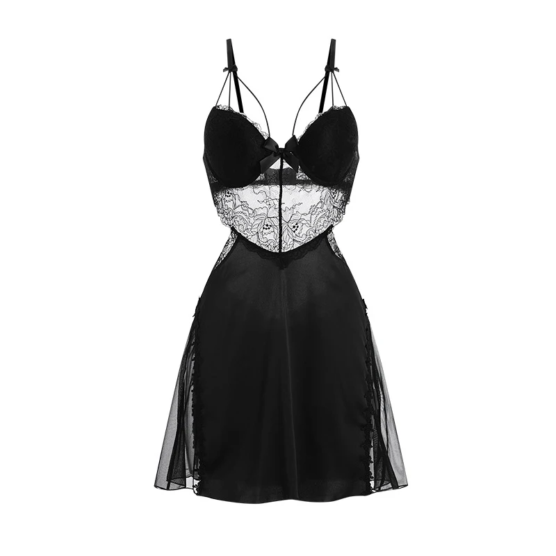 CHILLGIO Women Sexy Lace Floral Spaghetti Strap Sundress Fashion Backless A Line Summer Transparent Hollow Mesh Pajamas Dress