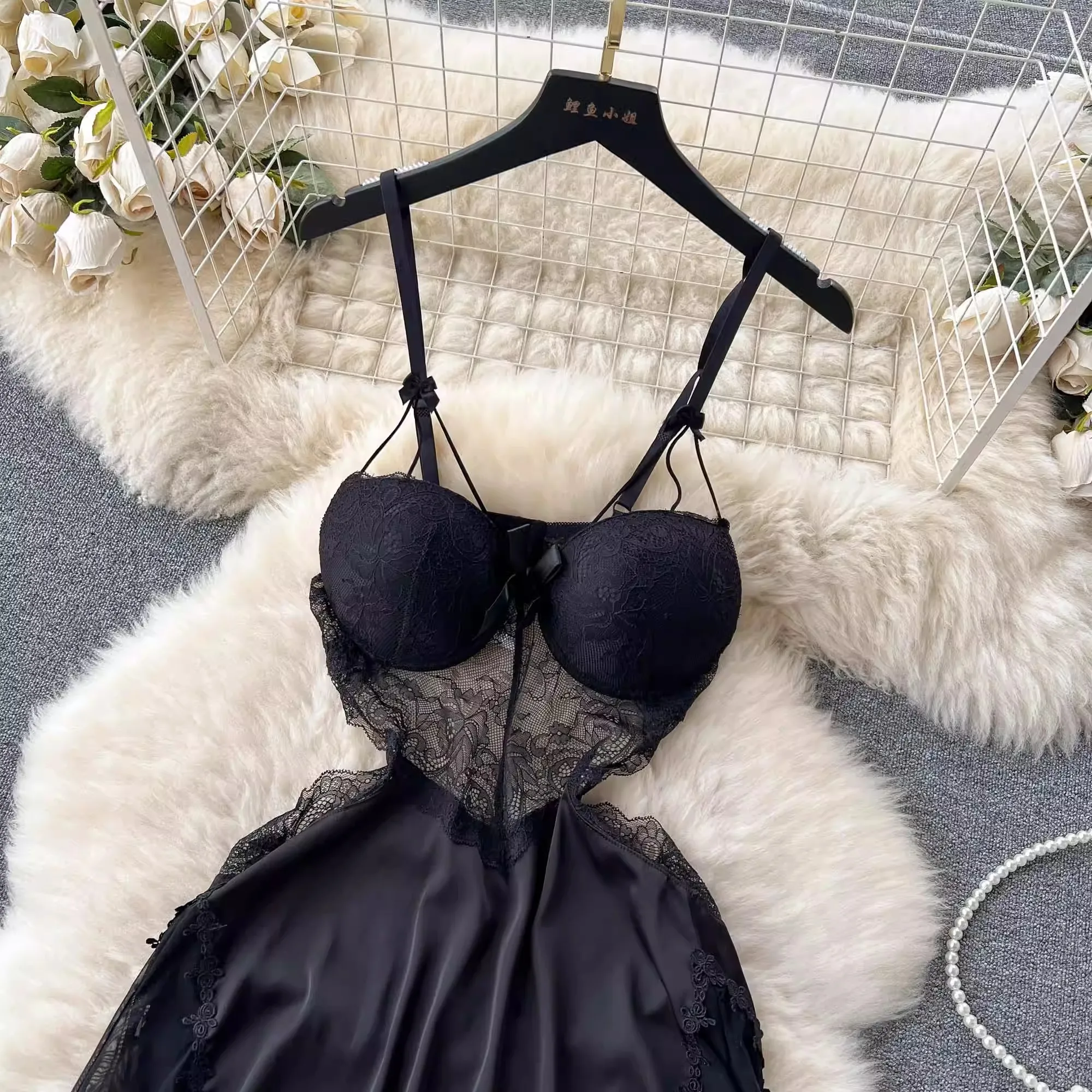 CHILLGIO Women Sexy Lace Floral Spaghetti Strap Sundress Fashion Backless A Line Summer Transparent Hollow Mesh Pajamas Dress