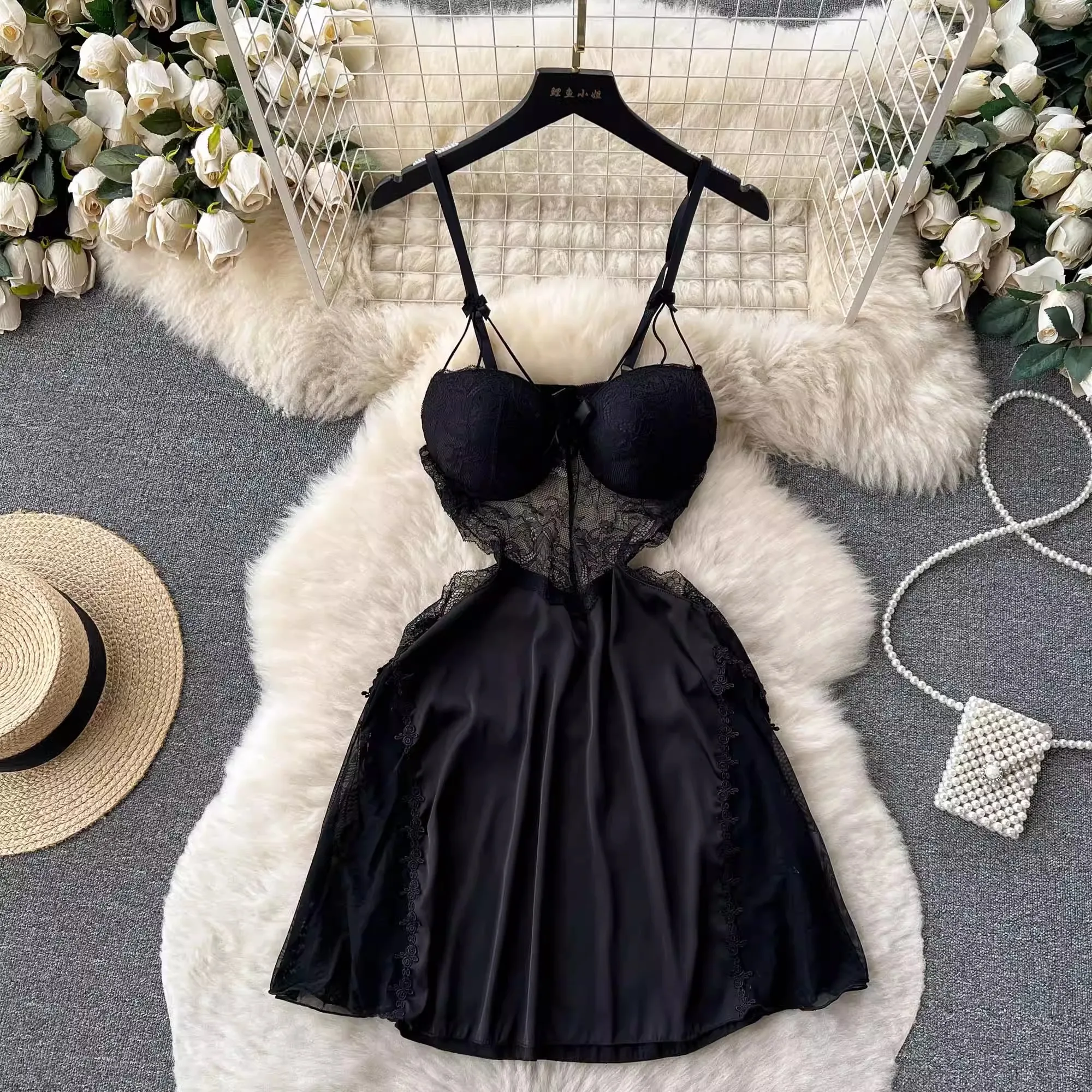 CHILLGIO Women Sexy Lace Floral Spaghetti Strap Sundress Fashion Backless A Line Summer Transparent Hollow Mesh Pajamas Dress