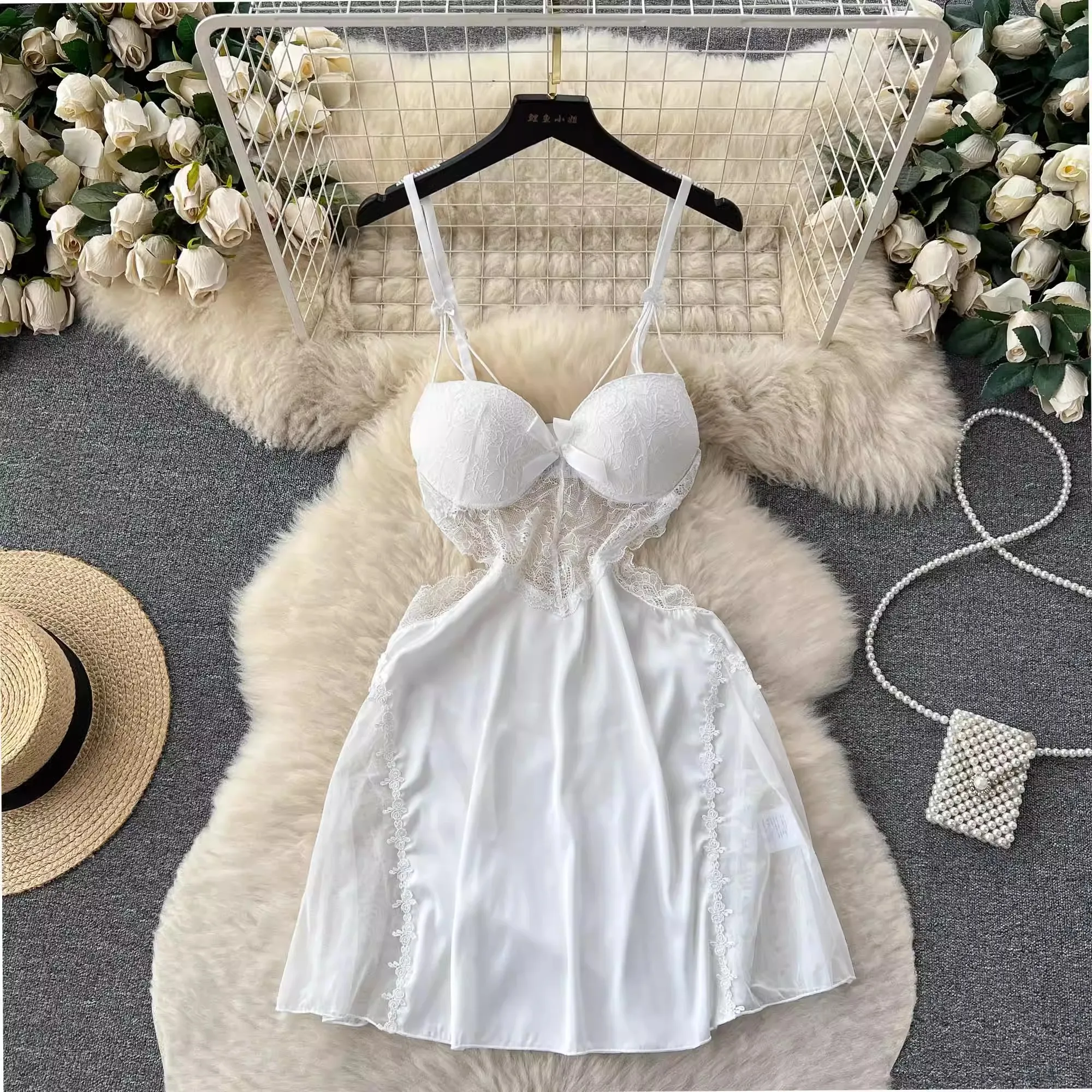 CHILLGIO Women Sexy Lace Floral Spaghetti Strap Sundress Fashion Backless A Line Summer Transparent Hollow Mesh Pajamas Dress