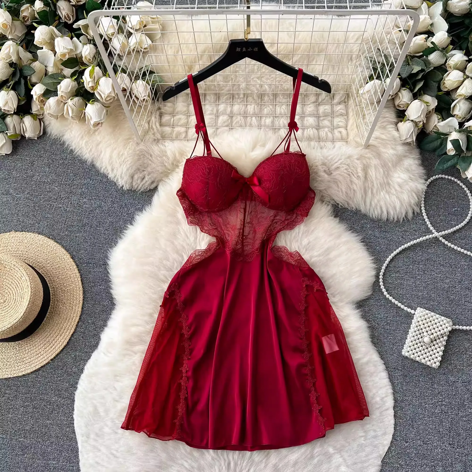 CHILLGIO Women Sexy Lace Floral Spaghetti Strap Sundress Fashion Backless A Line Summer Transparent Hollow Mesh Pajamas Dress