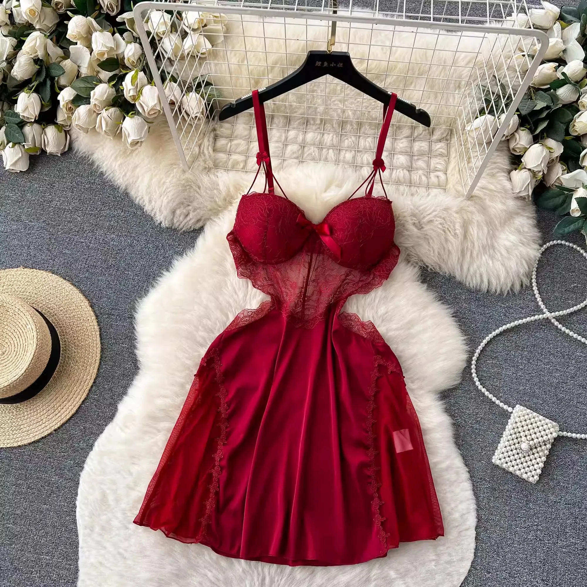CHILLGIO Women Sexy Lace Floral Spaghetti Strap Sundress Fashion Backless A Line Summer Transparent Hollow Mesh Pajamas Dress