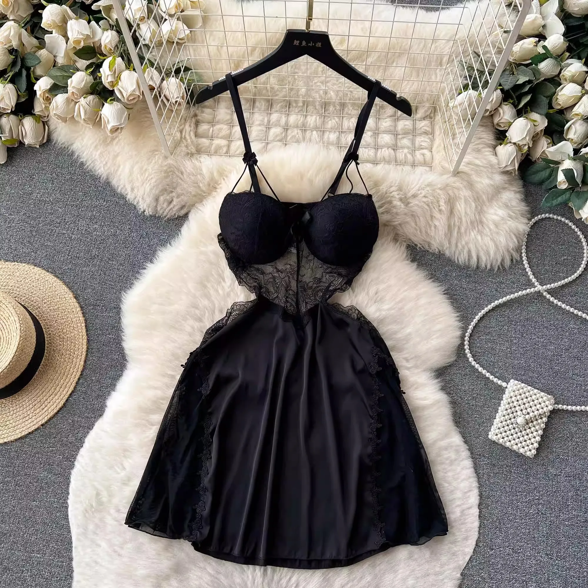 CHILLGIO Women Sexy Lace Floral Spaghetti Strap Sundress Fashion Backless A Line Summer Transparent Hollow Mesh Pajamas Dress
