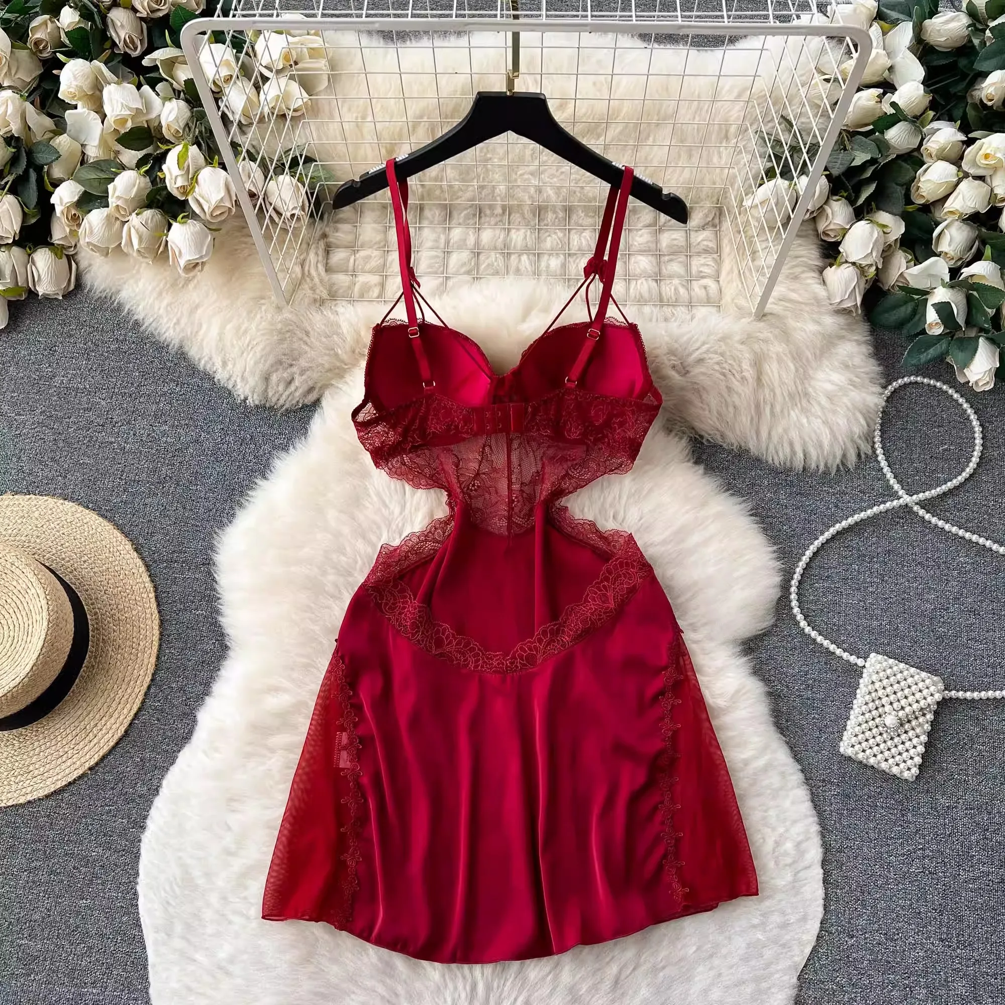 CHILLGIO Women Sexy Lace Floral Spaghetti Strap Sundress Fashion Backless A Line Summer Transparent Hollow Mesh Pajamas Dress