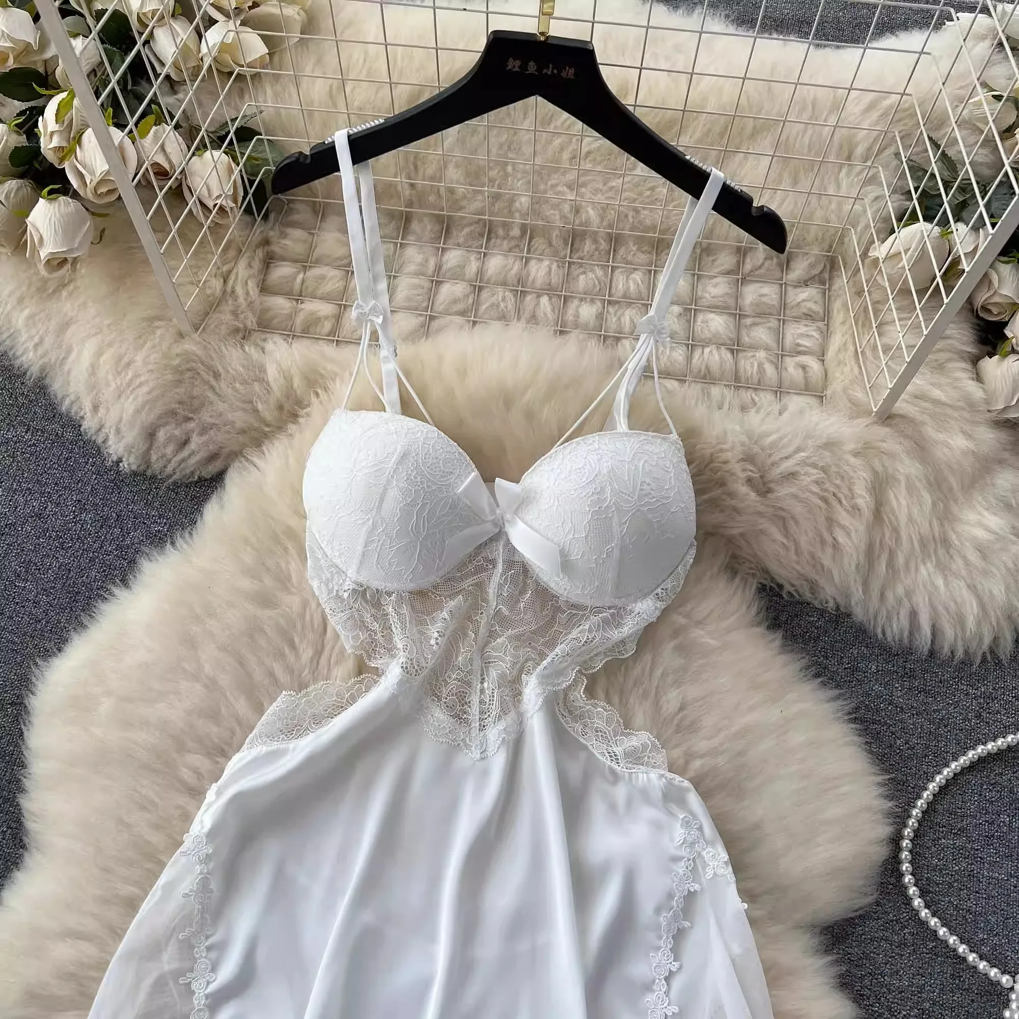 CHILLGIO Women Sexy Lace Floral Spaghetti Strap Sundress Fashion Backless A Line Summer Transparent Hollow Mesh Pajamas Dress