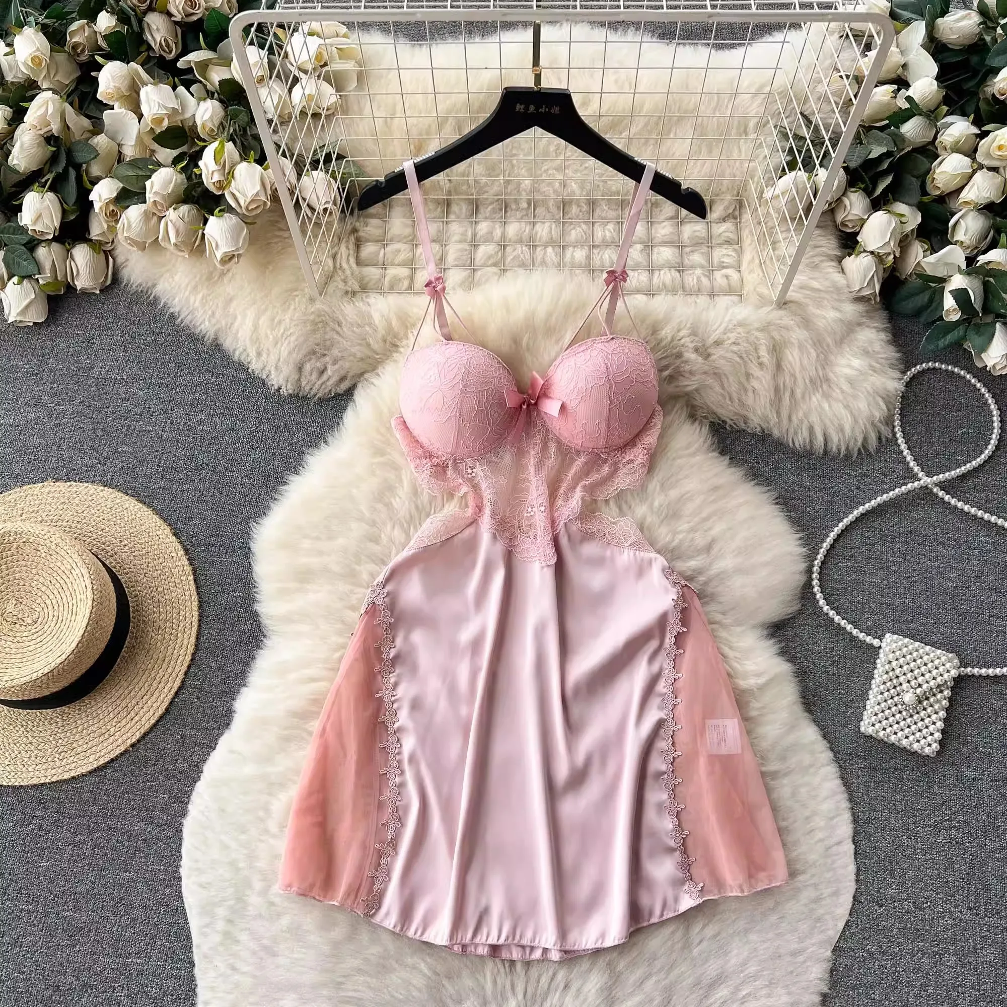 CHILLGIO Women Sexy Lace Floral Spaghetti Strap Sundress Fashion Backless A Line Summer Transparent Hollow Mesh Pajamas Dress