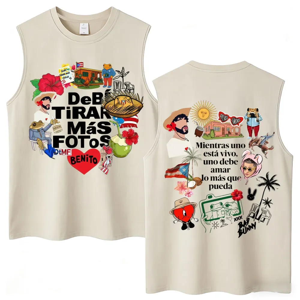Washed Rapper Bad Bunny Tank Tops Debi Tirar Mas Fotos DTMF World Tour Aesthetic Vests Men Women Hip Hop Cotton Sleeveless Tees