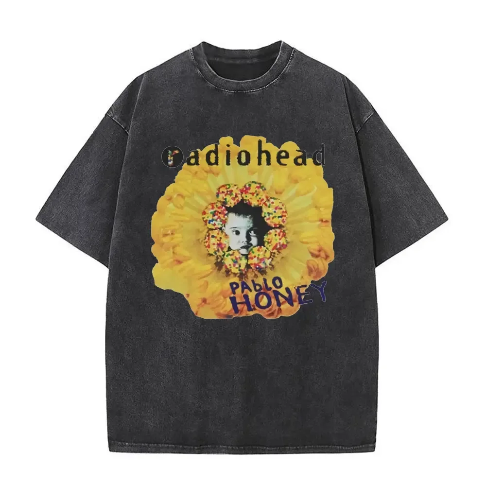 Washed Vintage Radiohead Music Album Cover Graphic T-shirt Men Women Retro Rock Gothic T Shirt Men's 90s Oversized Short Sleeve