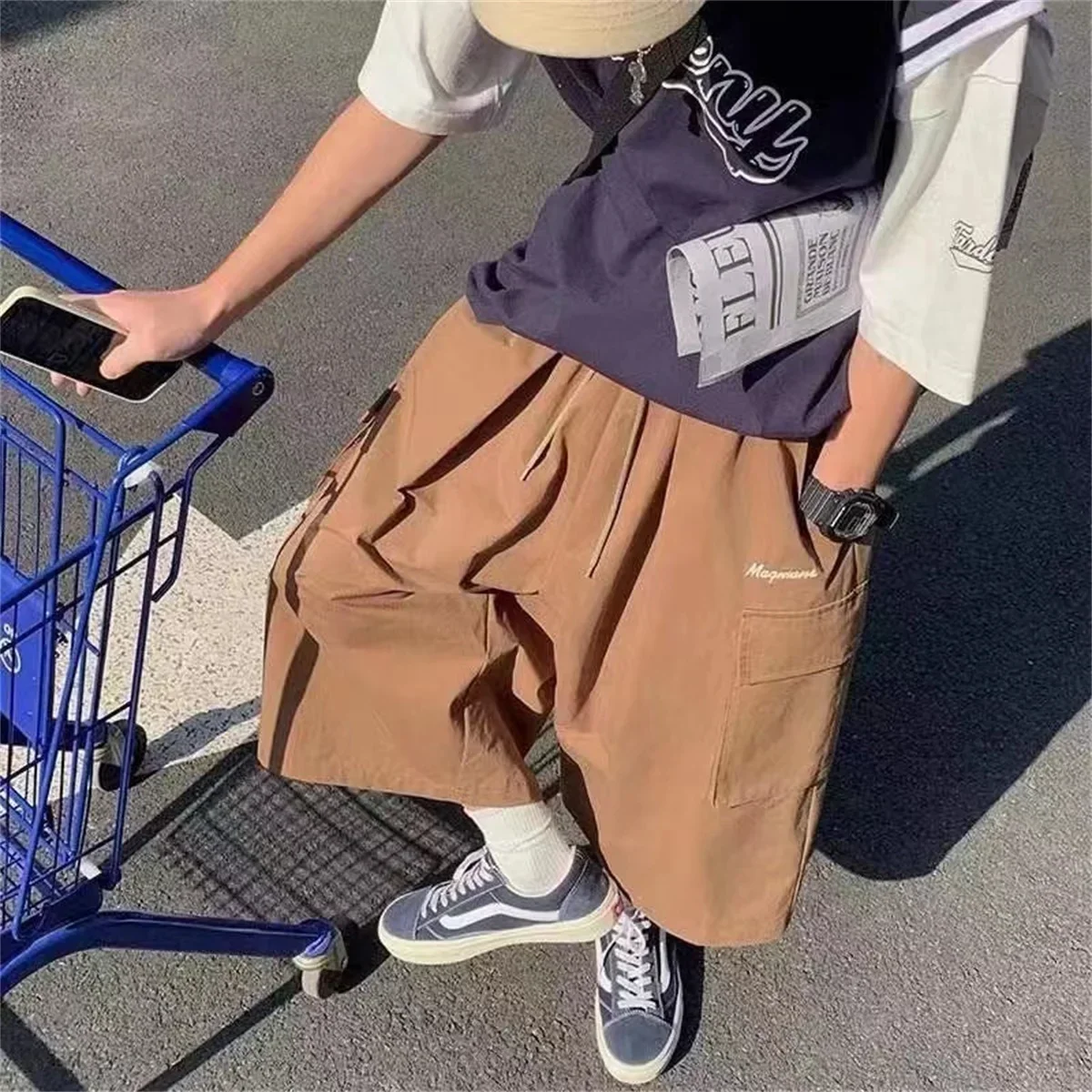 Cool Summer Hip Hop Cargo Shorts for Men's Summer Slim Loose 2024 Ins Hanging Trendy High Street Pants Straight Shorts Men