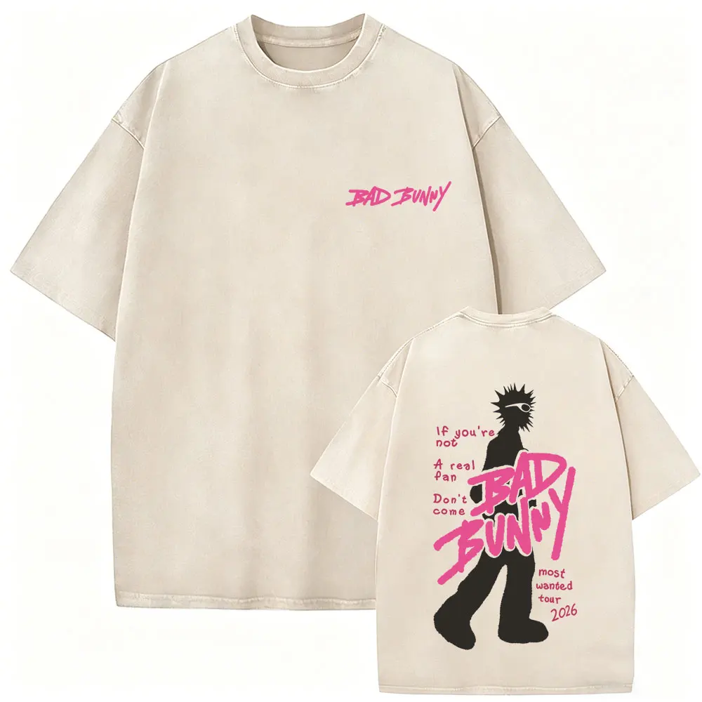 Rapper Bad Bunny Vintage Washed T-shirt Debi Tirar Mas Fotos DTMF World Tour T Shirt Men's Hip Hop Fashion High Quality T-shirts