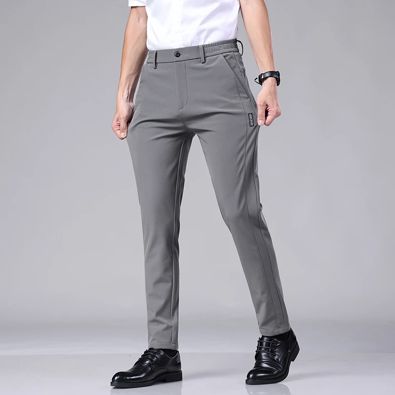 Summer Ultra-thin Elastic Men's Casual Trousers Quick-drying Ice Silk Slim Straight Business Solid Color Pants Black Gray 28-38