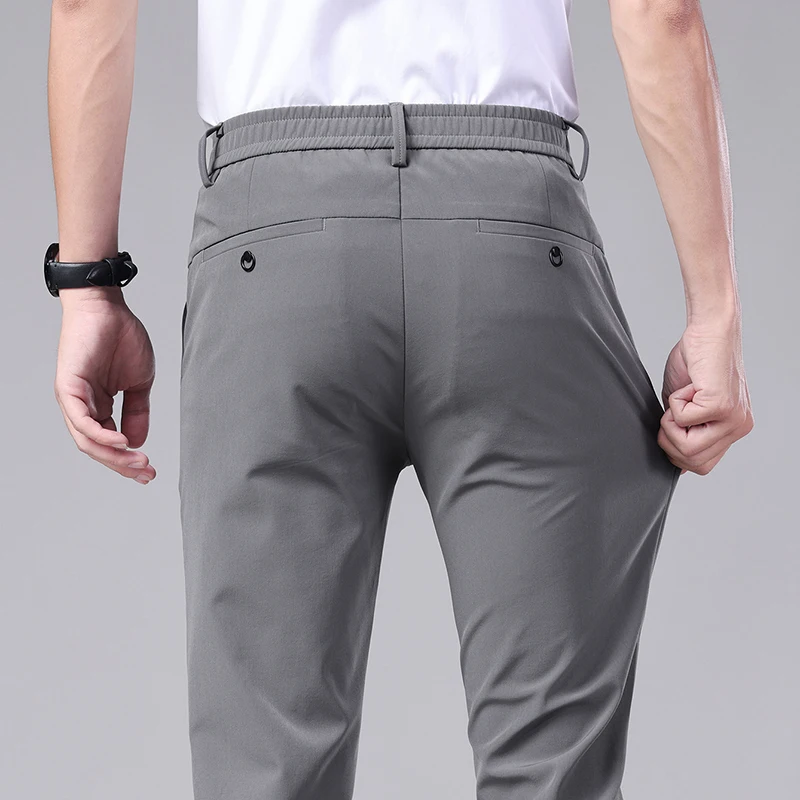 Summer Ultra-thin Elastic Men's Casual Trousers Quick-drying Ice Silk Slim Straight Business Solid Color Pants Black Gray 28-38