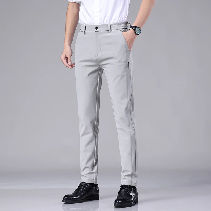 Summer Ultra-thin Elastic Men's Casual Trousers Quick-drying Ice Silk Slim Straight Business Solid Color Pants Black Gray 28-38