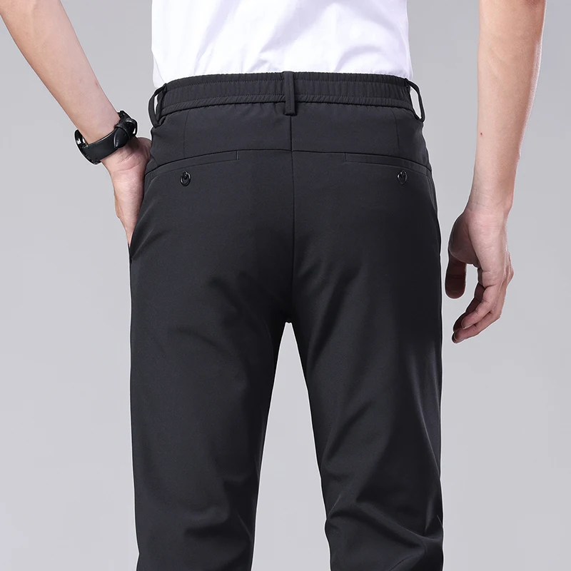 Summer Ultra-thin Elastic Men's Casual Trousers Quick-drying Ice Silk Slim Straight Business Solid Color Pants Black Gray 28-38