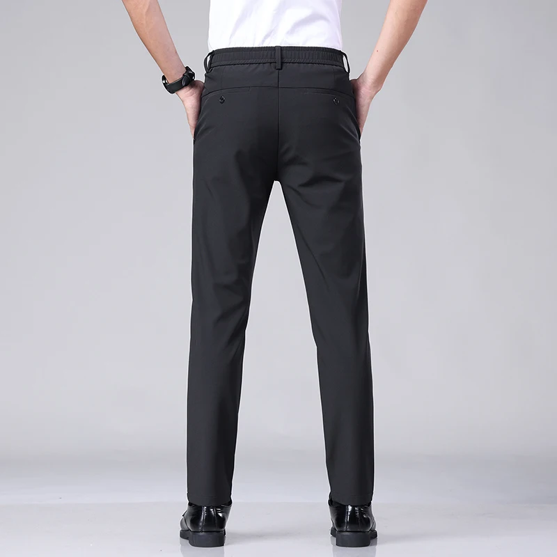Summer Ultra-thin Elastic Men's Casual Trousers Quick-drying Ice Silk Slim Straight Business Solid Color Pants Black Gray 28-38