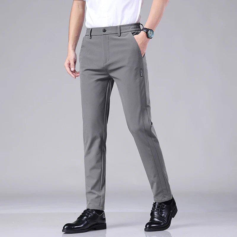 Summer Ultra-thin Elastic Men's Casual Trousers Quick-drying Ice Silk Slim Straight Business Solid Color Pants Black Gray 28-38