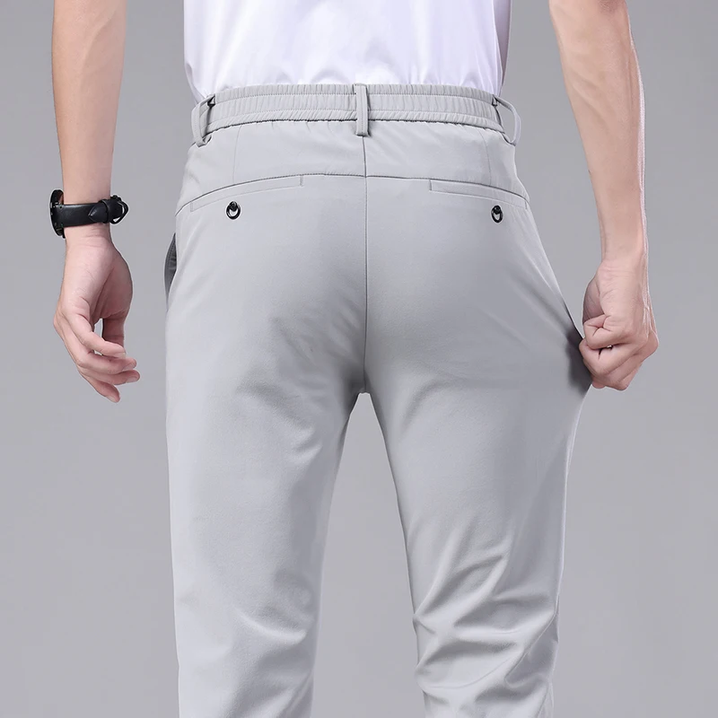 Summer Ultra-thin Elastic Men's Casual Trousers Quick-drying Ice Silk Slim Straight Business Solid Color Pants Black Gray 28-38