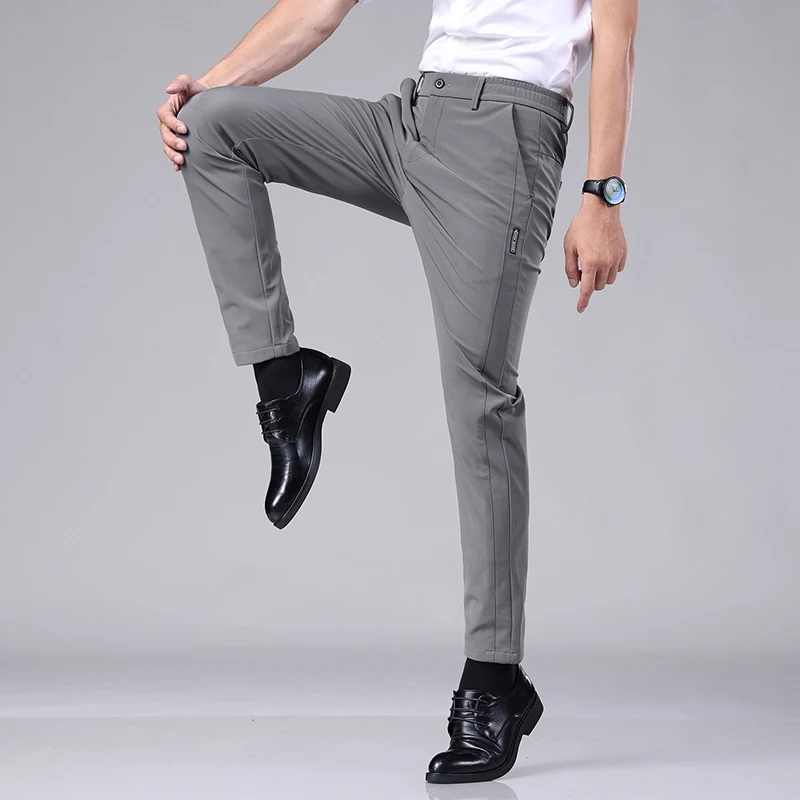 Summer Ultra-thin Elastic Men's Casual Trousers Quick-drying Ice Silk Slim Straight Business Solid Color Pants Black Gray 28-38