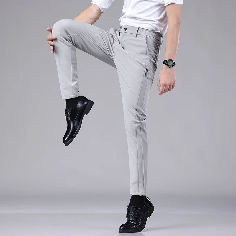Summer Ultra-thin Elastic Men's Casual Trousers Quick-drying Ice Silk Slim Straight Business Solid Color Pants Black Gray 28-38