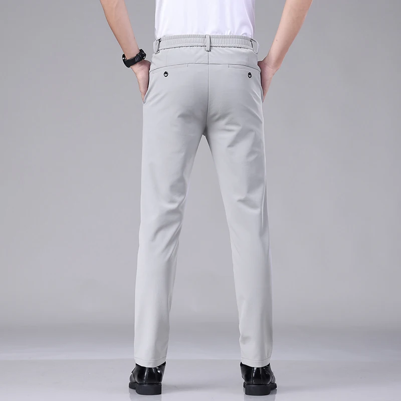 Summer Ultra-thin Elastic Men's Casual Trousers Quick-drying Ice Silk Slim Straight Business Solid Color Pants Black Gray 28-38