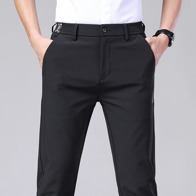 Summer Ultra-thin Elastic Men's Casual Trousers Quick-drying Ice Silk Slim Straight Business Solid Color Pants Black Gray 28-38
