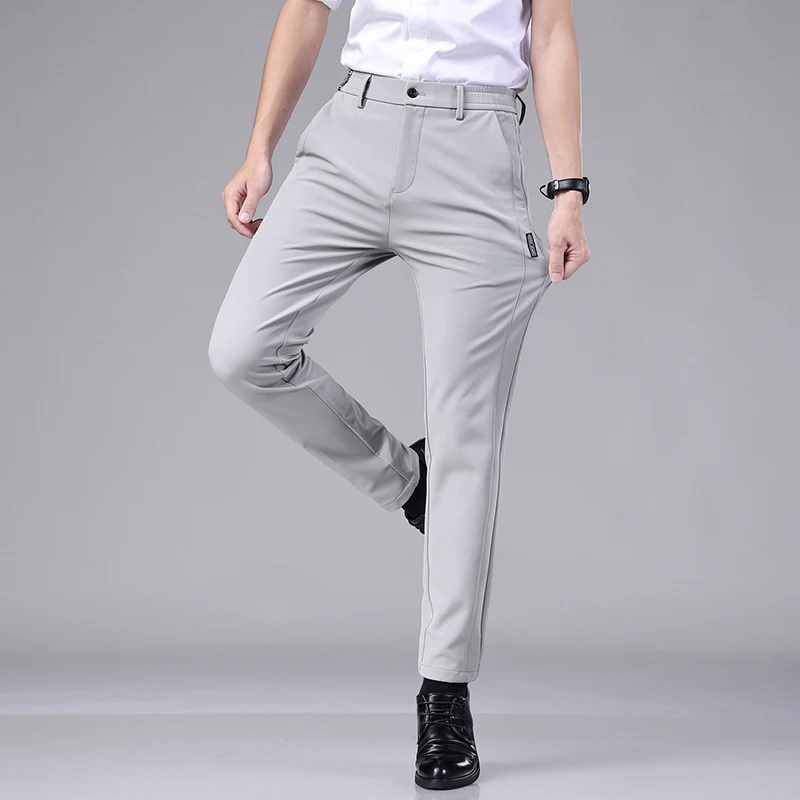 Summer Ultra-thin Elastic Men's Casual Trousers Quick-drying Ice Silk Slim Straight Business Solid Color Pants Black Gray 28-38