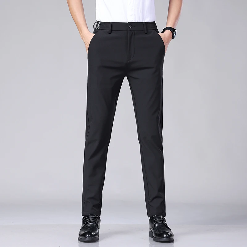 Summer Ultra-thin Elastic Men's Casual Trousers Quick-drying Ice Silk Slim Straight Business Solid Color Pants Black Gray 28-38
