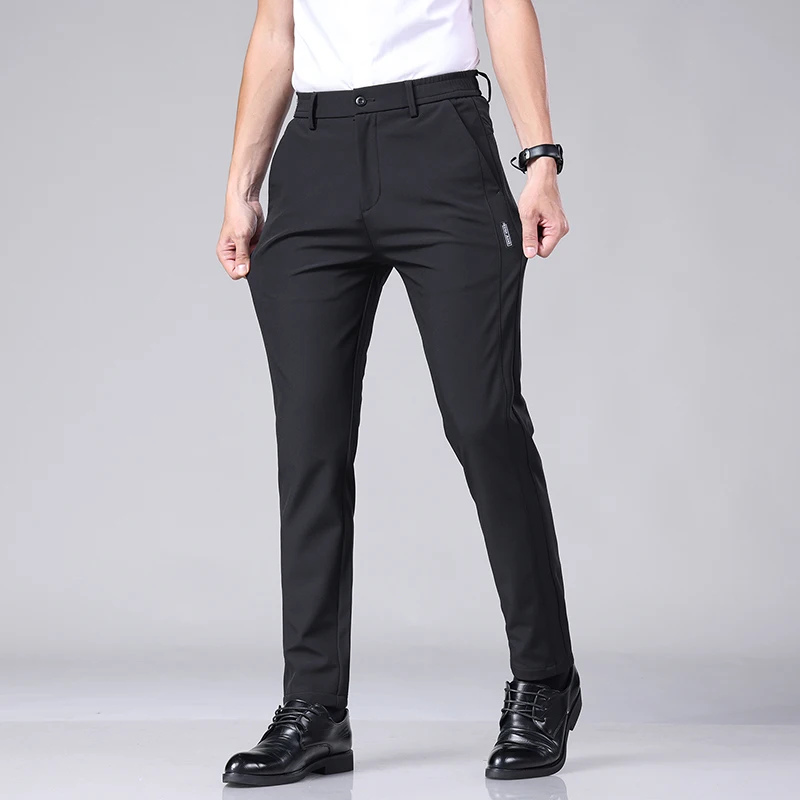 Summer Ultra-thin Elastic Men's Casual Trousers Quick-drying Ice Silk Slim Straight Business Solid Color Pants Black Gray 28-38