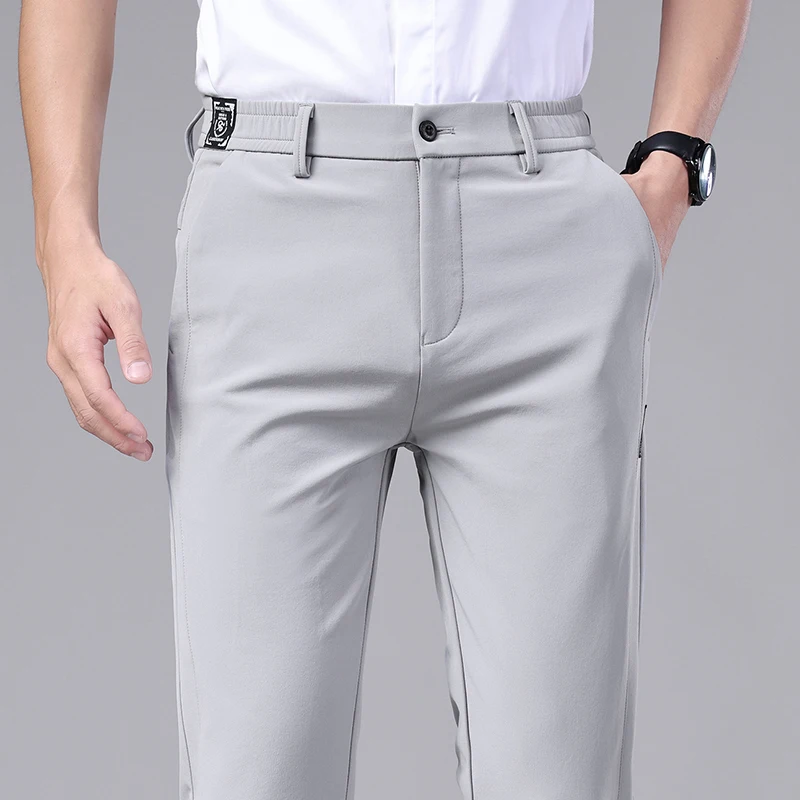 Summer Ultra-thin Elastic Men's Casual Trousers Quick-drying Ice Silk Slim Straight Business Solid Color Pants Black Gray 28-38