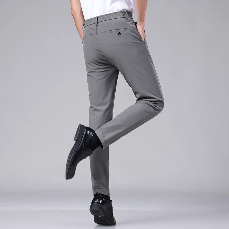 Summer Ultra-thin Elastic Men's Casual Trousers Quick-drying Ice Silk Slim Straight Business Solid Color Pants Black Gray 28-38