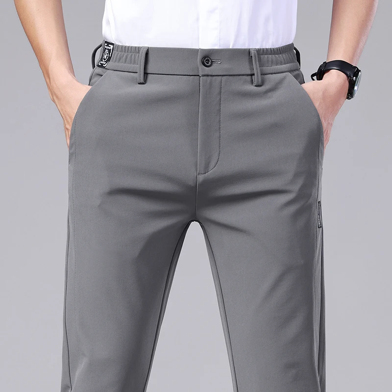 Summer Ultra-thin Elastic Men's Casual Trousers Quick-drying Ice Silk Slim Straight Business Solid Color Pants Black Gray 28-38