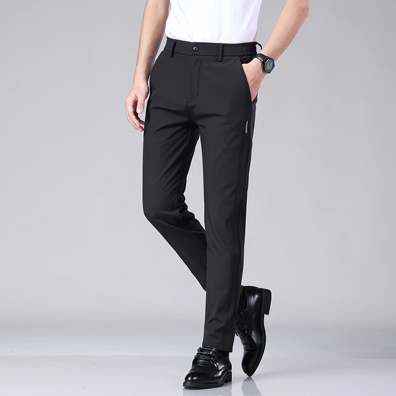 Summer Ultra-thin Elastic Men's Casual Trousers Quick-drying Ice Silk Slim Straight Business Solid Color Pants Black Gray 28-38