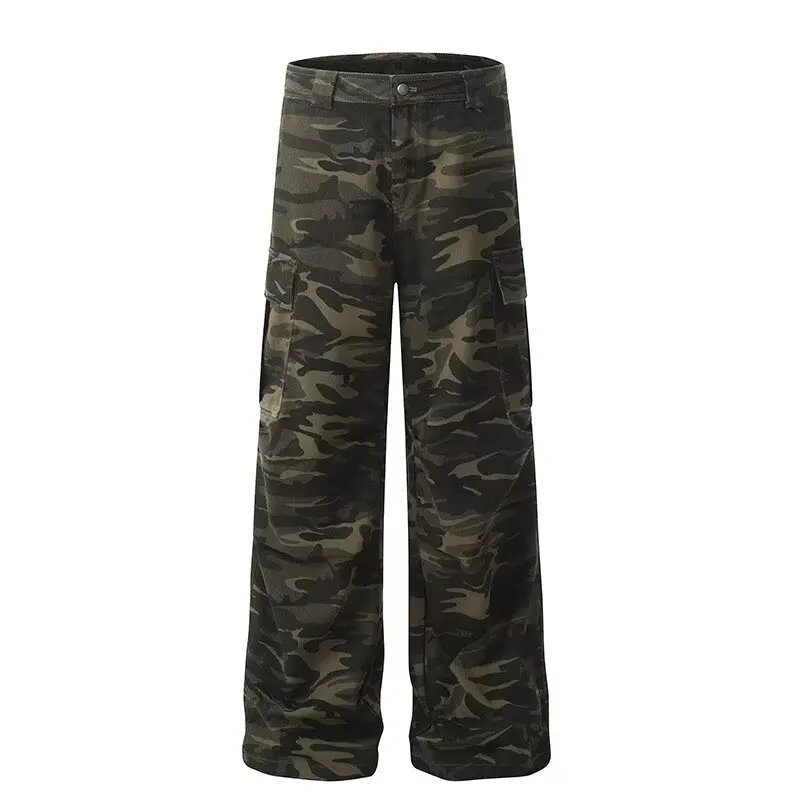 American retro washed design camouflage work pants for men and women, loose straight leg multi pocket wide leg casual paratroope