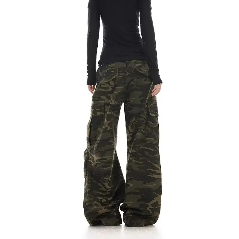 American retro washed design camouflage work pants for men and women, loose straight leg multi pocket wide leg casual paratroope