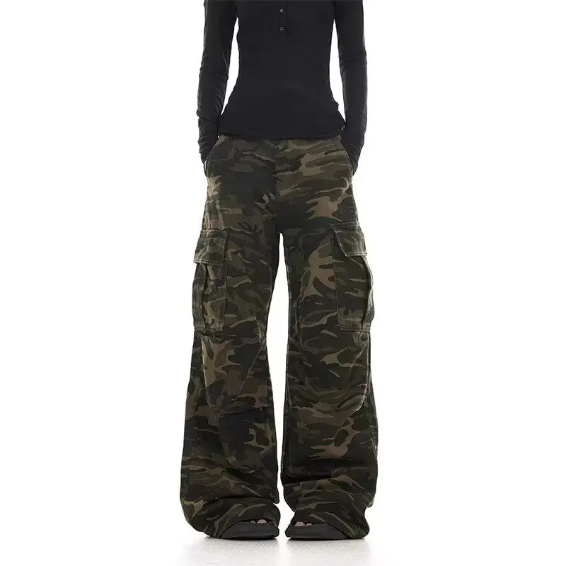 American retro washed design camouflage work pants for men and women, loose straight leg multi pocket wide leg casual paratroope