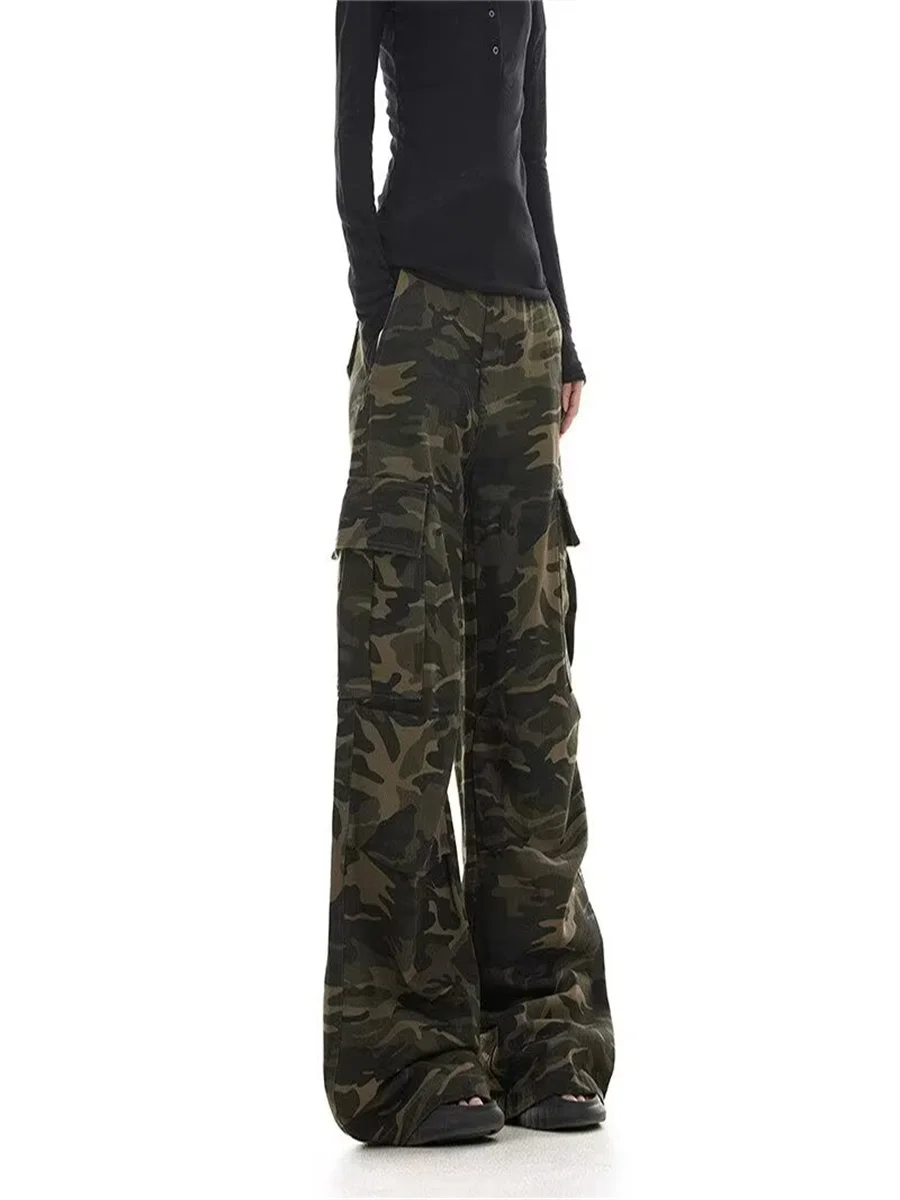 American retro washed design camouflage work pants for men and women, loose straight leg multi pocket wide leg casual paratroope