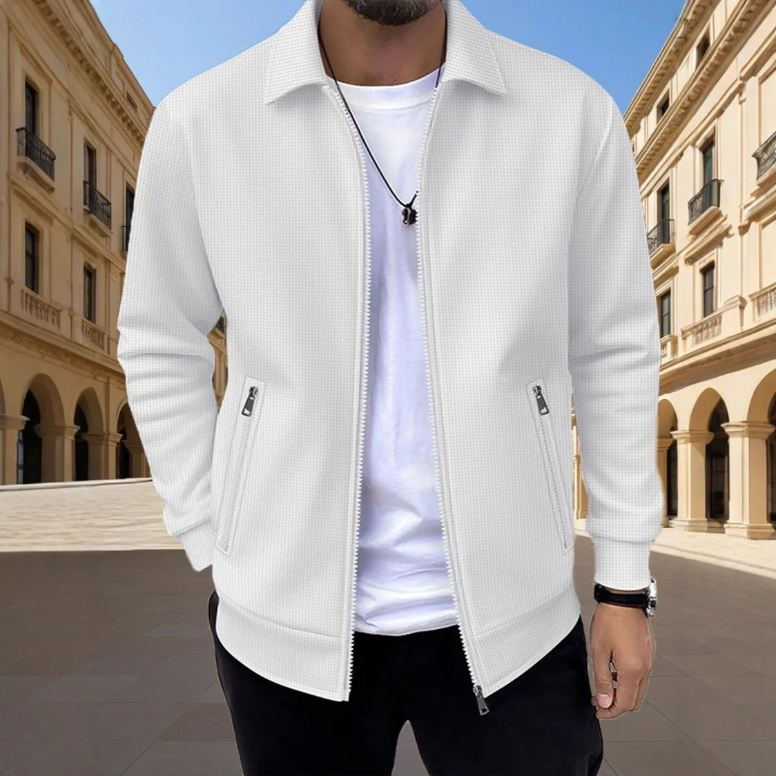 Men's Slim-fit Cardigan Solid-color Lapel Waffle Texture Zipper Pocket Casual Spring/Autumn 2025 Fashion