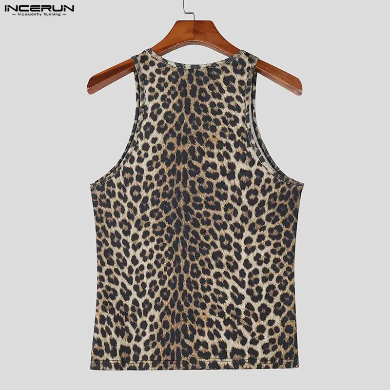 INCERUN Men Tank Tops Leopard Printing O-neck Sleeveless Summer Male Vests Streetwear Knitted 2026 Fashion Casual Men Clothing