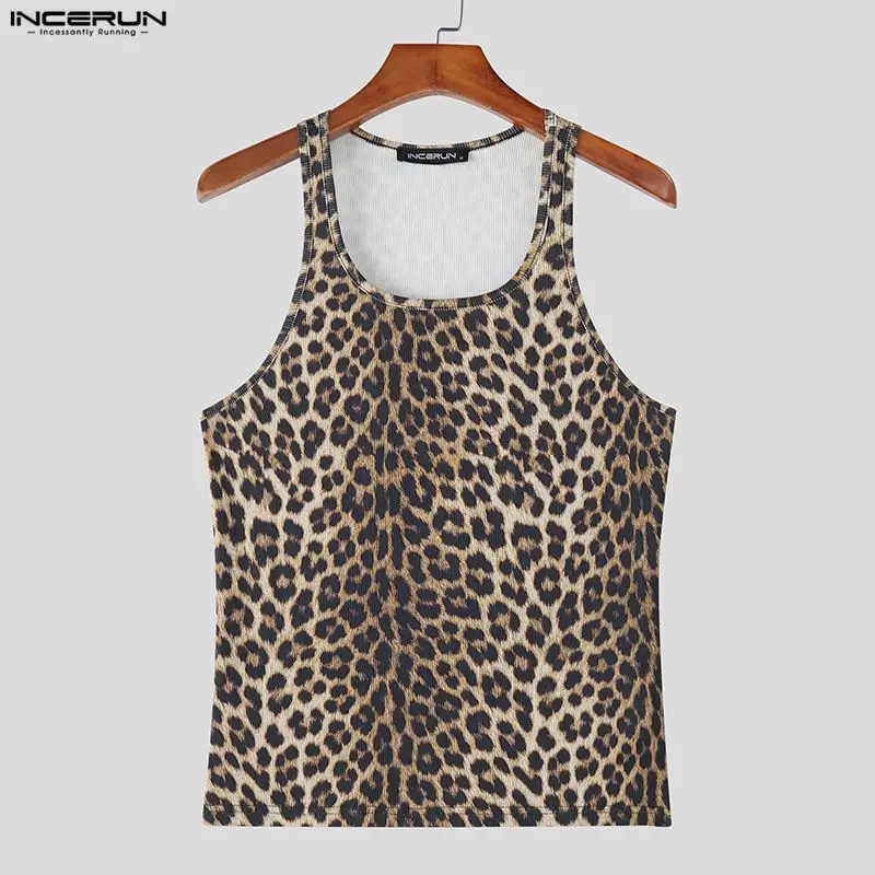 INCERUN Men Tank Tops Leopard Printing O-neck Sleeveless Summer Male Vests Streetwear Knitted 2026 Fashion Casual Men Clothing